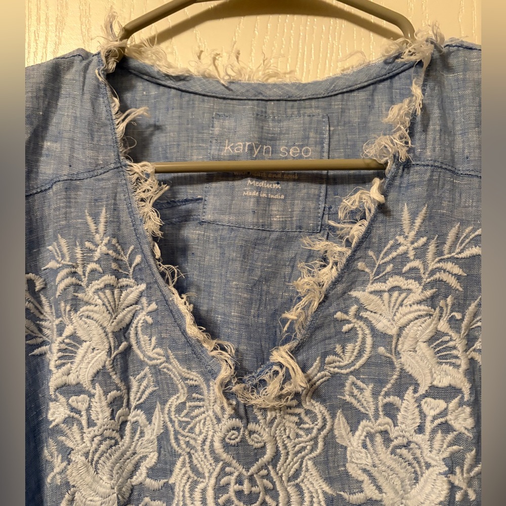 Karyn Seo Linen Embroidered V-Neck Raw Hem Lagenlook Tunic Dress Size Medium - Picture 6 of 12